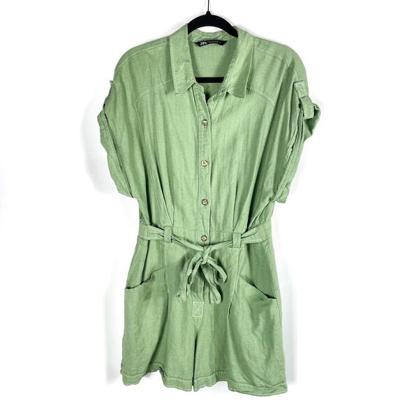 Zara Topstitched Romper Green Belt Tie Button Front Roll Tab Sleeve Collar Sz XL - Picture 6 of 12